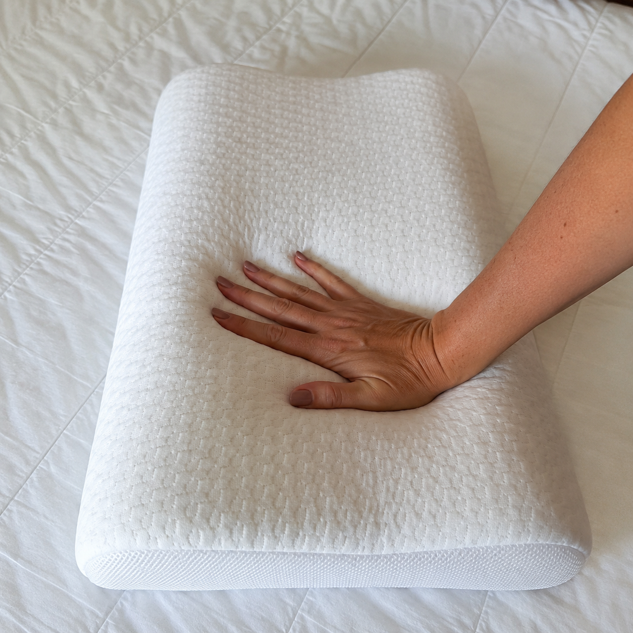 White pillow on a bed with a hand placed on it
